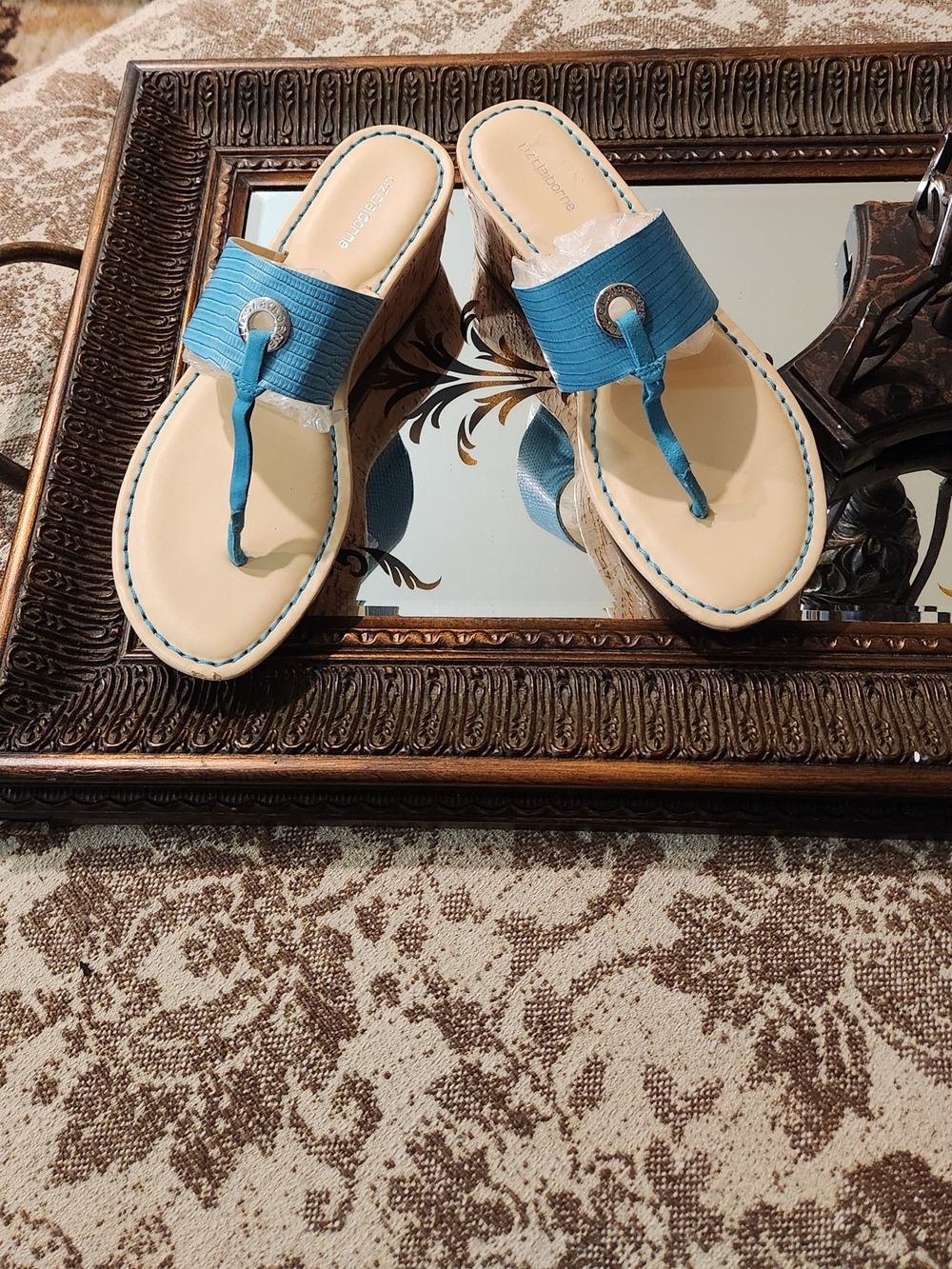 Liz Claiborne Teal Blue Wedge Thong Sandals with Silver Ring